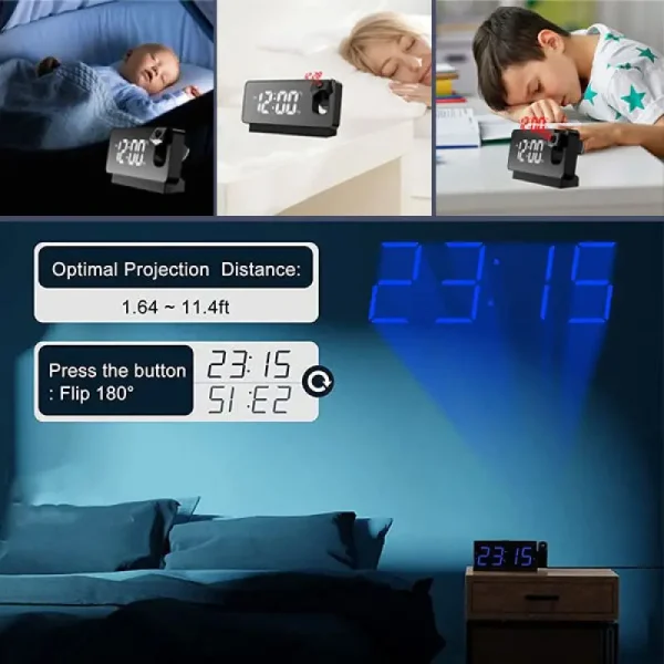 180° Arm Projection Digital Alarm Clock Temperature Humidity Night Mode Snooze Table Clock 12/24H USB Projector LED Clock